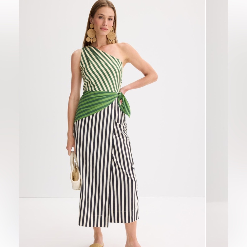 Simon Miller One-Shoulder Striped Midi dress with Green Tie